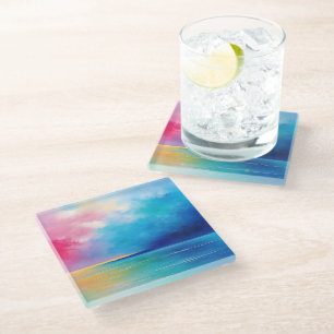“Tarfarran” Pink and Blue Landscape Seascape Glass Coaster