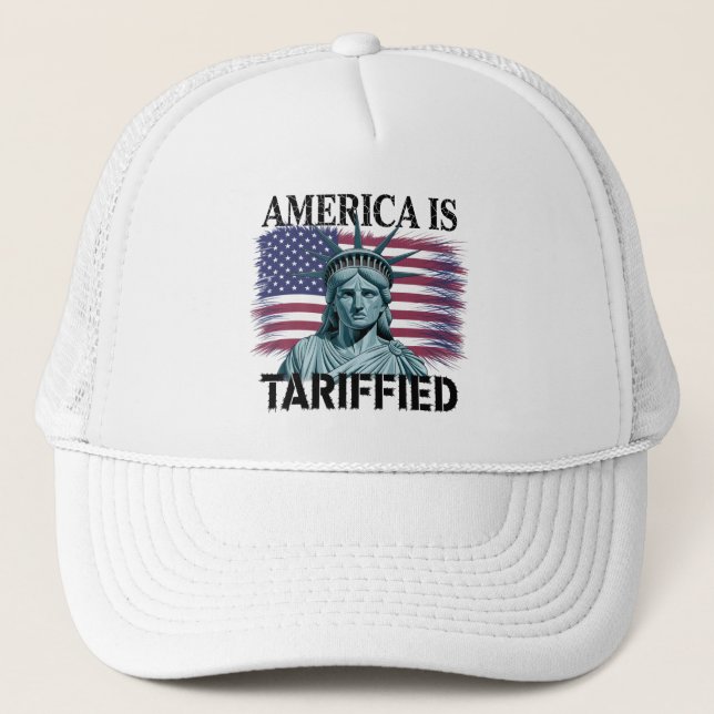 "TARIFFIED" Satirical Liberty Design Trucker Hat (Front)