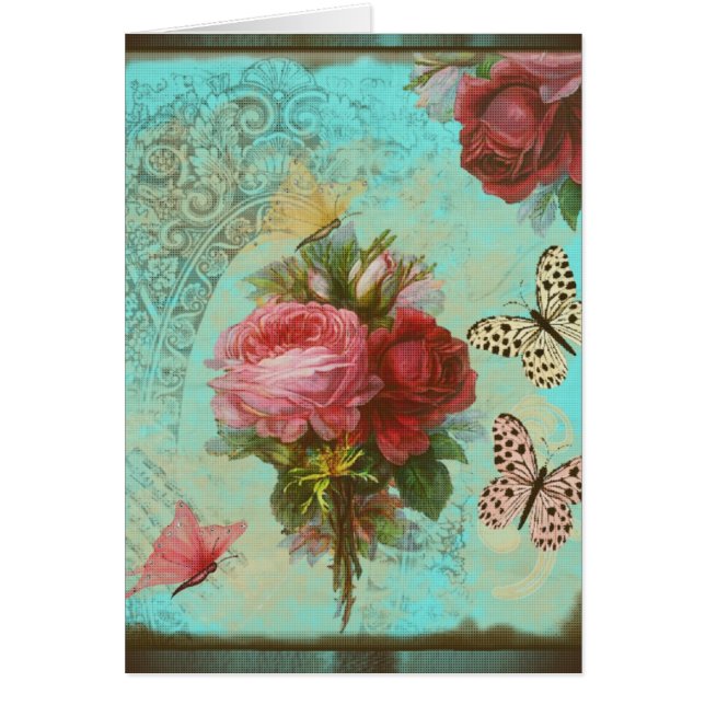 Tarjeta de felicitación turquesa y flores rosas (Front)