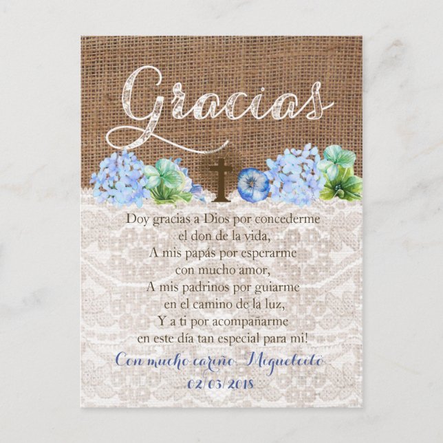 Tarjeta de gracias con oración para Bautizo Postcard (Front)