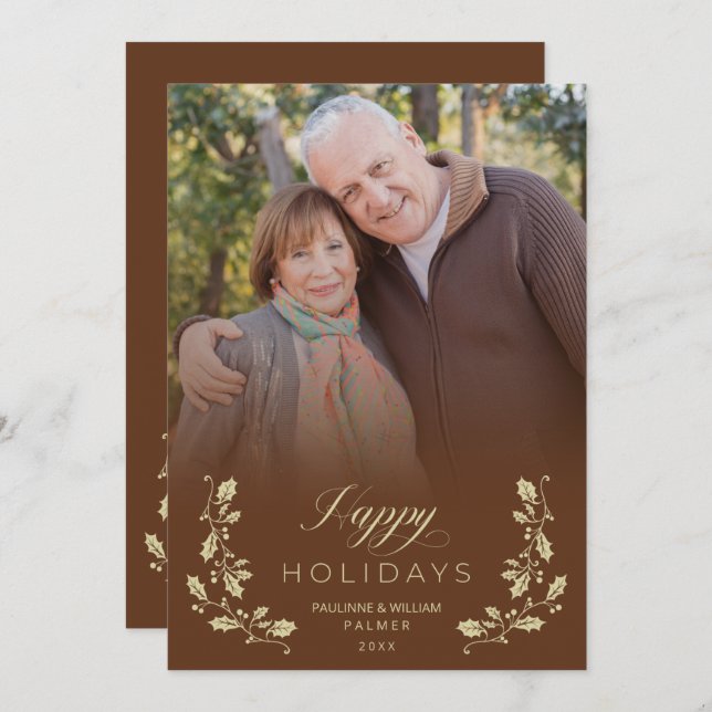 Tarjeta Festiva Brown Whimsical Script Quote Photo Holiday Card (Front/Back)