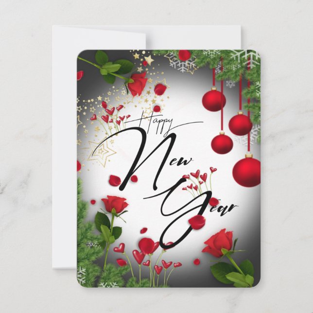 Tarjeta festiva plana de año nuevo  con flores holiday card (Front)