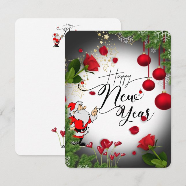 Tarjeta festiva plana para año nuevo  con rosas holiday card (Front/Back)