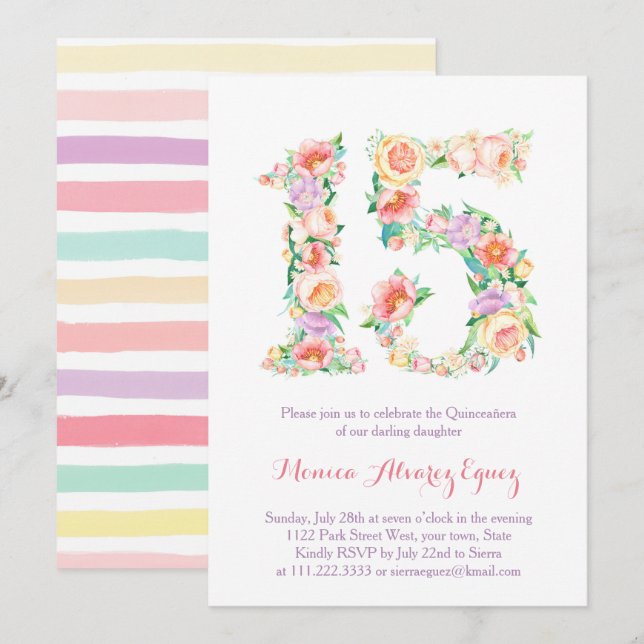 Tarjetas de Fiesta de Quince años, flores pasteles Invitation (Front/Back)