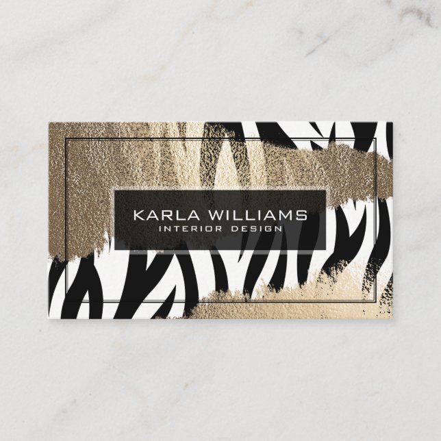 Tarnished Gold Glitter & Black & White Zebra Business Card (Front)