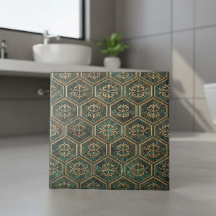 Tarnished Teal & Bronze Hexagon #17 ID1227 Tile