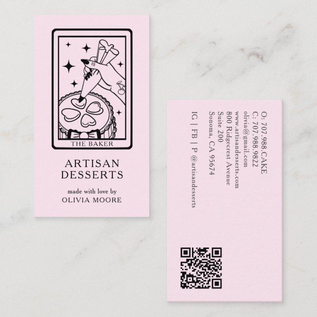 Tarot Artisan Baker Dessert Caterer QR Code Pink Business Card (Front/Back)