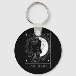 Tarot Card Crescent Moon And Cat Graphic Key Ring