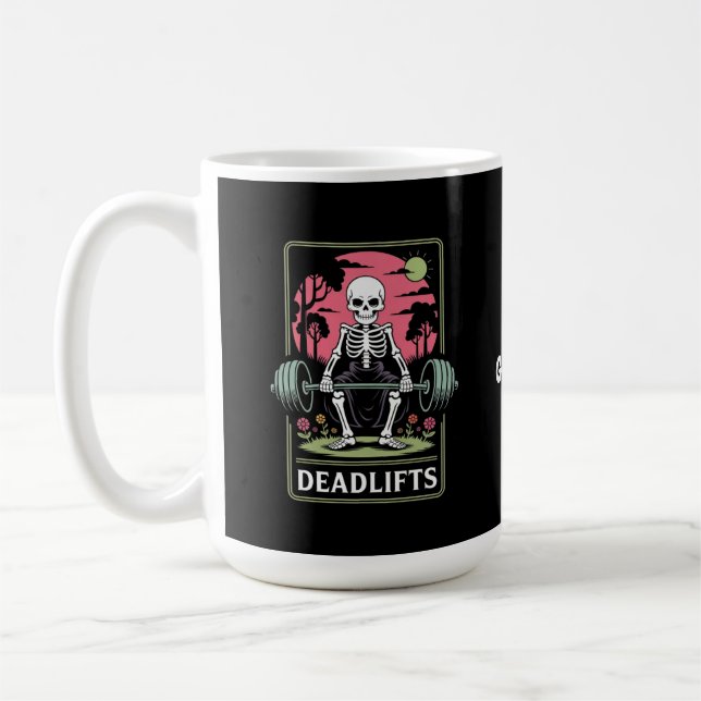 Tarot Card Deadlifts Funny Skeleton Workout Design Coffee Mug (Left)