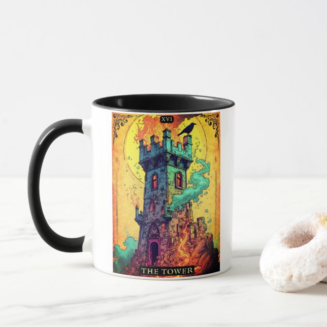 Tarot Card Illustration, The Tower Mug (With Donut)