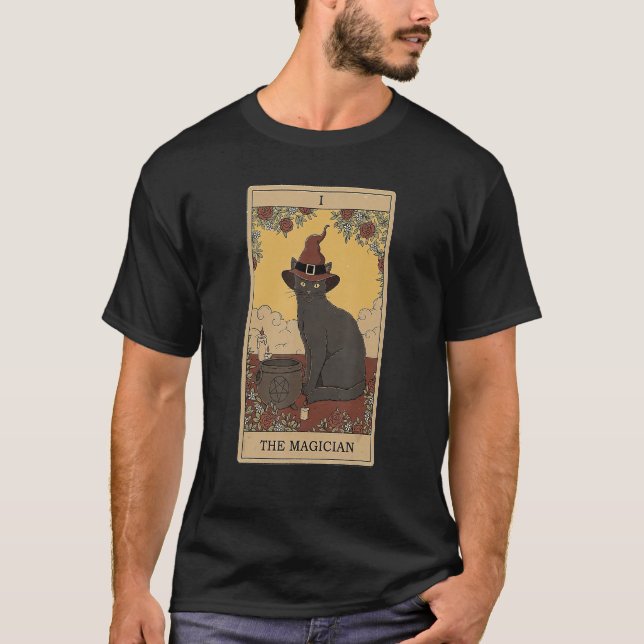 Tarot Card The Magician And Cat Cosmic Graphic Cat T-Shirt (Front)