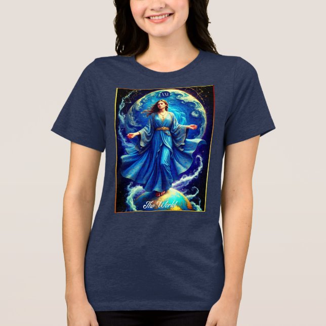 Tarot Card, the World, in Deep Blue  Tri-Blend Shirt (Front)