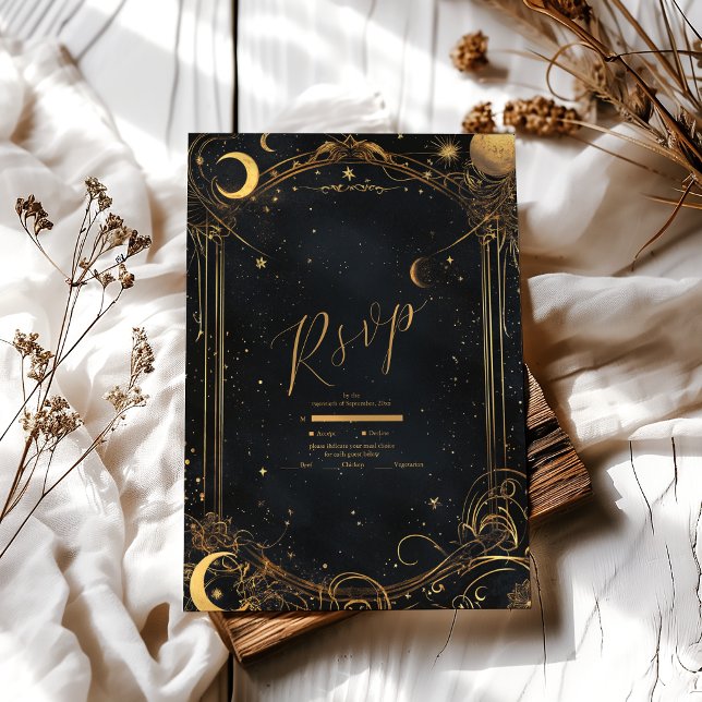 Tarot Celestial Wedding Sun Moon Stars Gold RSVP Card (Creator Uploaded)