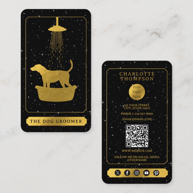 Tarot Logo Dog Grooming Pet Groomer Black Gold  Business Card (Front/Back)
