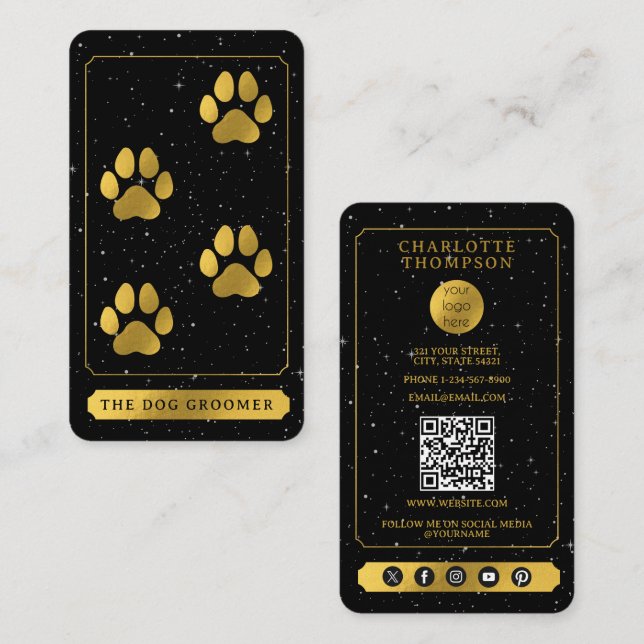 Tarot Logo Dog Grooming Service Black Gold  Business Card (Front/Back)