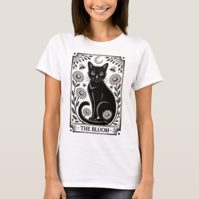 Tarot map - Black cat with flowers T-Shirt (Front)