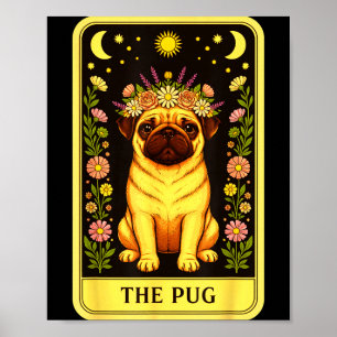 Tarot Pug Card Floral Crown Sun Moon Stars Art Poster