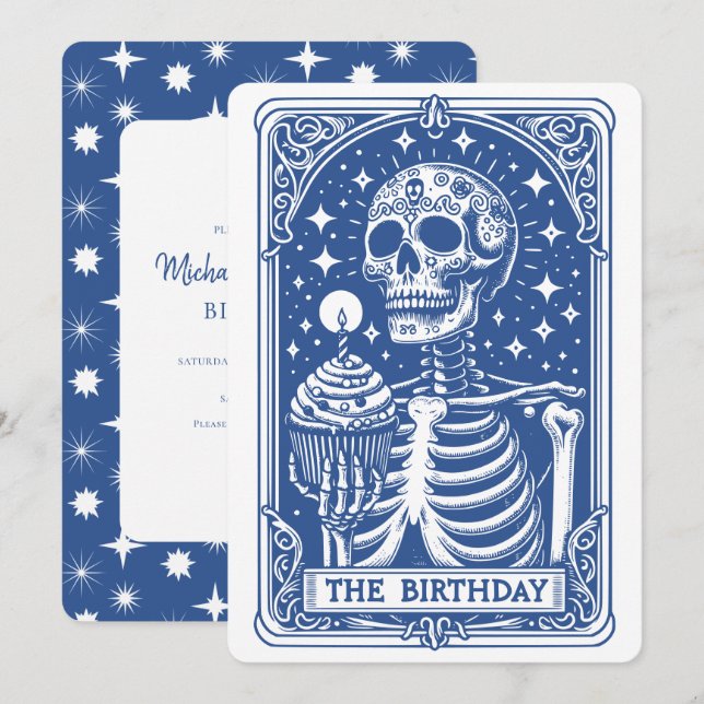 Tarot Skeleton Blue Birthday Invitation (Front/Back)