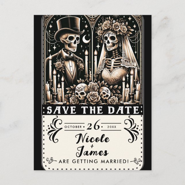 Tarot Skeletons Bride Groom Wedding Save the Date Announcement Postcard (Front)