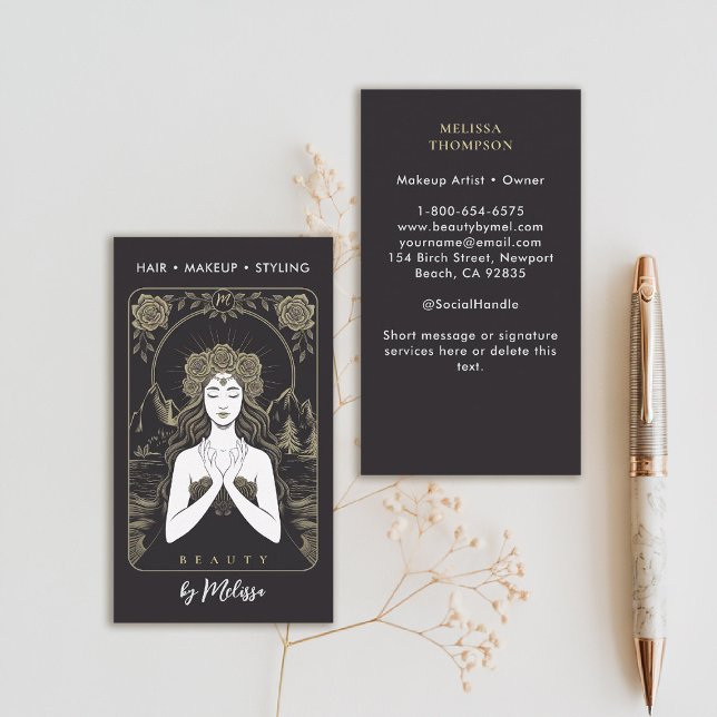 Tarot Water Rose Goddess Modern Elegant Black Gold Business Card (tarot business card water roses mystical gold black makeup hair lashes psychic reiki healer)