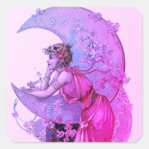 TAROTS/ LADY OF MOON WITH FLOWERS PINK PURPLE SQUARE STICKER