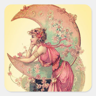 TAROTS/ LADY OF MOON WITH FLOWERS PINK YELLOW SQUARE STICKER