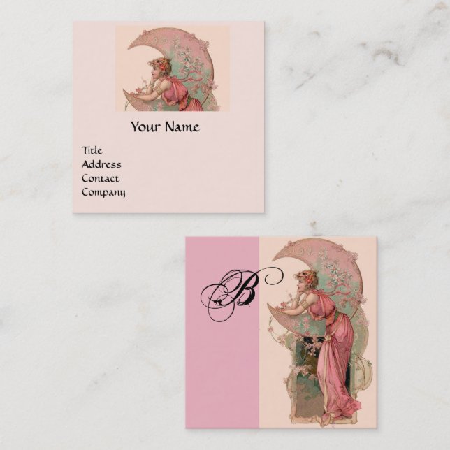 TAROTS,LADY OF THE MOON AND FLOWERS PINK Monogram Square Business Card (Front/Back)