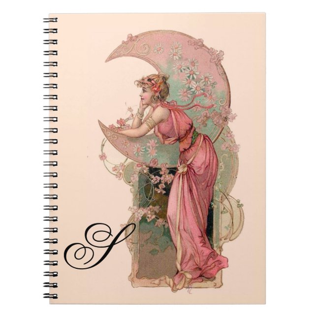 TAROTS/ LADY OF THE MOON,FLOWERS IN PINK MONOGRAM NOTEBOOK (Front)