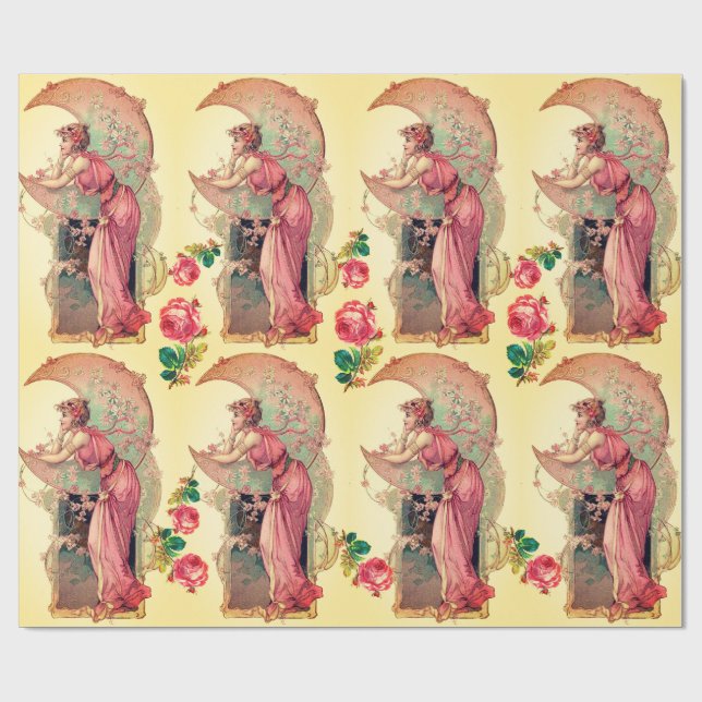 TAROTS ,LADY OF THE MOON,FLOWERS,PINK ROSES Yellow Wrapping Paper (Flat)
