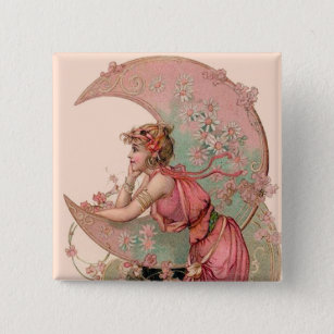 TAROTS / LADY OF THE MOON WITH FLOWERS IN PINK 15 CM SQUARE BADGE