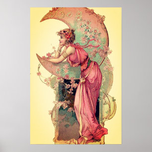 TAROTS / LADY OF THE MOON WITH FLOWERS Pink Yellow Poster