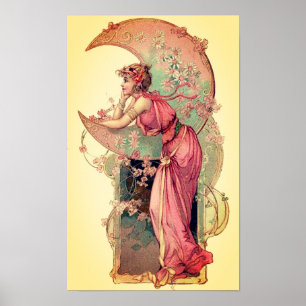 TAROTS / LADY OF THE MOON WITH FLOWERS Pink Yellow Poster