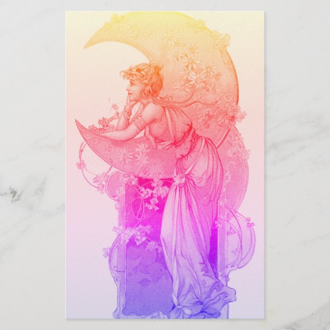 TAROTS/ LADY OF THE MOON WITH FLOWERS Pink Yellow Stationery (Front)
