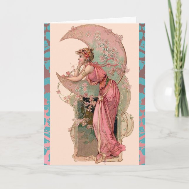TAROTS /MOON LADY,FLOWERS,PINK ROSES,BLUE DAMASK CARD (Front)