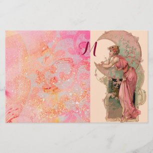 TAROTS/ MOON LADY,PINK FLORAL SWIRLS MONOGRAM STATIONERY