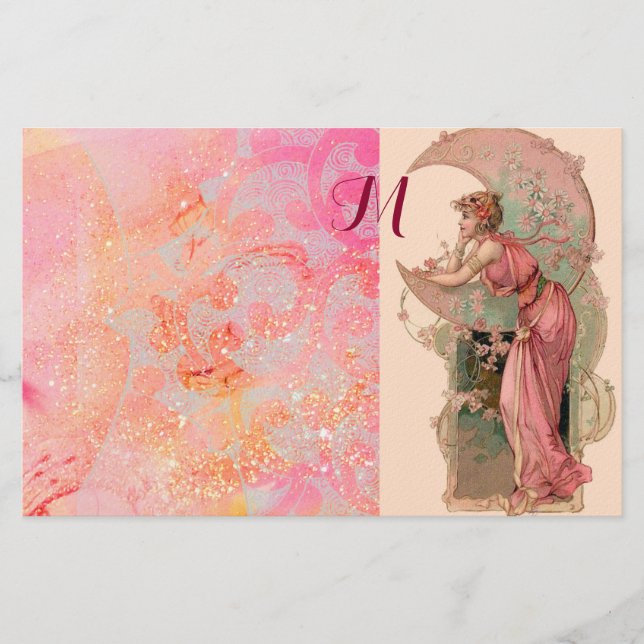 TAROTS/ MOON LADY,PINK FLORAL SWIRLS MONOGRAM STATIONERY (Front)