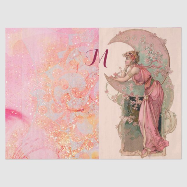 TAROTS/ MOON LADY,PINK FLORAL SWIRLS MONOGRAM TISSUE PAPER (Front)
