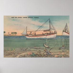 Tarpon Springs, FL - View of Boat & Deep Sea Poster