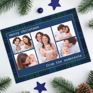 Tartan 5 Photo Collage Blue Plaid Family Christmas Holiday Card