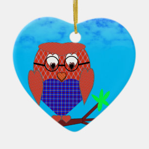 Tartan and Hearts Owl Ceramic Tree Decoration