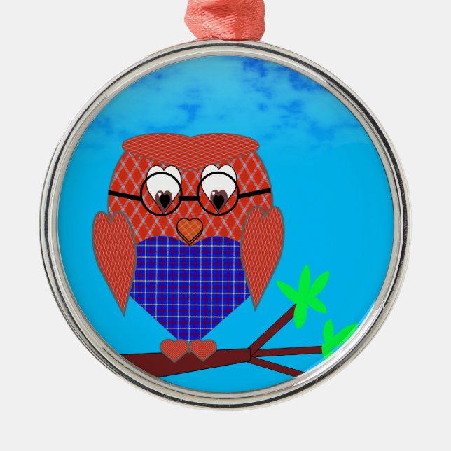Tartan and Hearts Owl Metal Tree Decoration (Front)