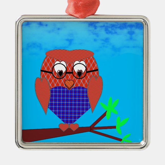 Tartan and Hearts Owl Metal Tree Decoration (Front)