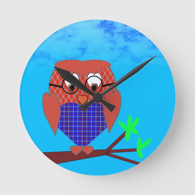 Tartan and Hearts Owl Round Clock (Front)