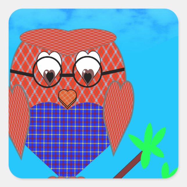 Tartan and Hearts Owl Square Sticker (Front)