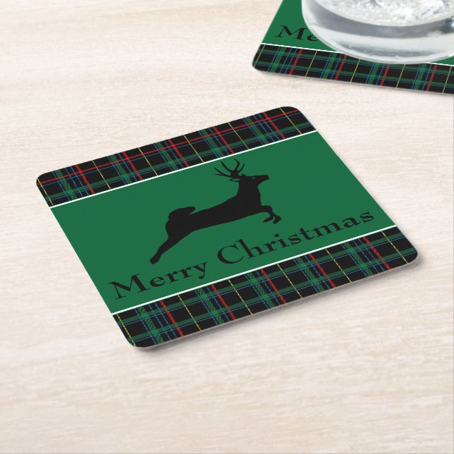 Tartan and Reindeer Christmas Square Paper Coaster (Angled)