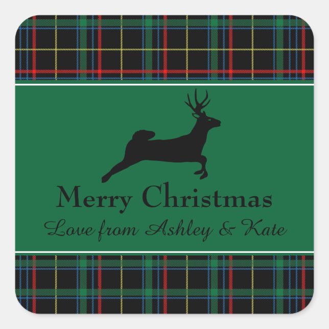 Tartan and Reindeer Christmas Square Sticker (Front)