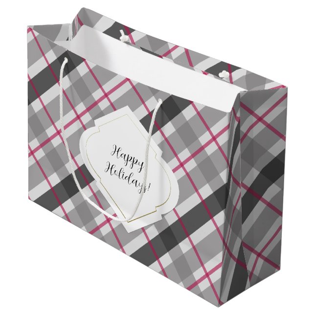 Tartan Balmoral Black Grey Burgundy Large Gift Bag (Front Angled)