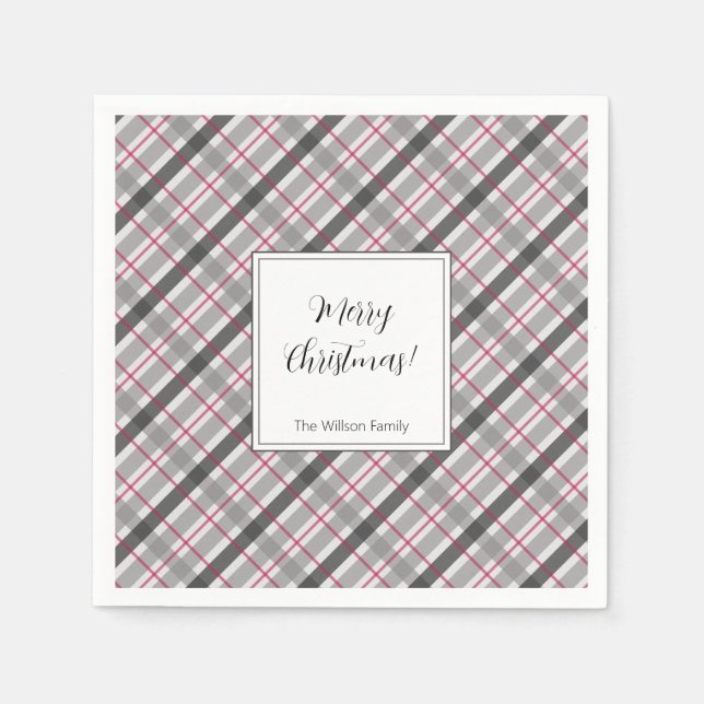 Tartan Balmoral Black Grey Burgundy Monogrammed Napkin (Front)