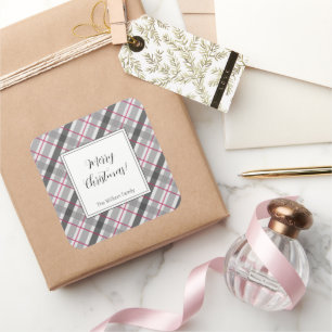 Tartan Balmoral Black Grey Burgundy Monogrammed Square Sticker