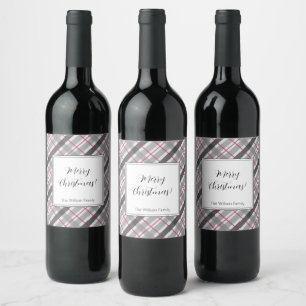 Tartan Balmoral Black Grey Burgundy Monogrammed Wine Label